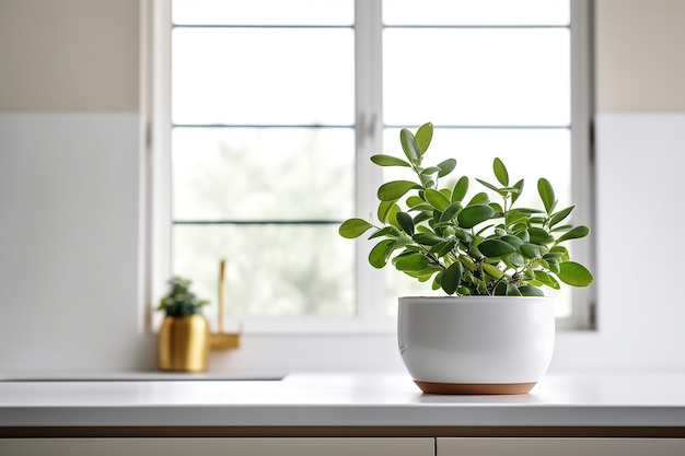 A minimalistic kitchen with a pristine white counter top and a single decorative plant Generative AI