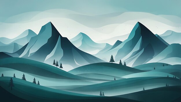 Photo minimalistic landscape art background with mountains and hills in blue and green colors