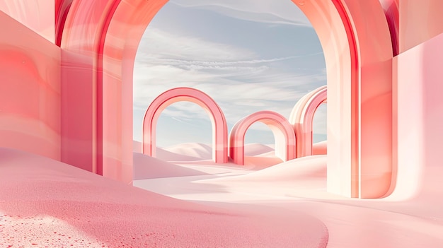 Minimalistic landscape with geometric shapes pink neon