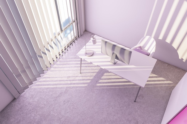 Minimalistic light pink home office workplace with daylight 3D Rendering