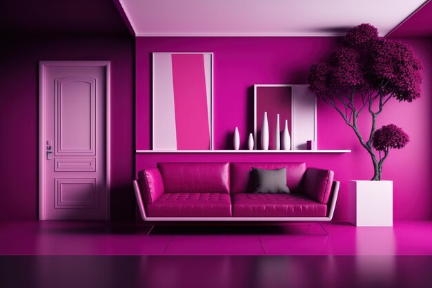 Minimalistic living room Background in trendy luxury viva magenta tone