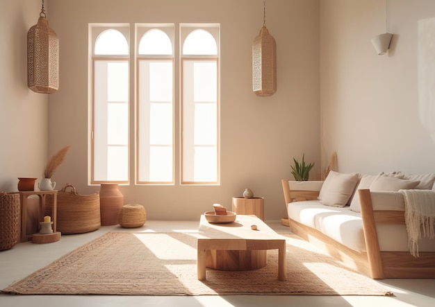 A minimalistic living room decorated with Ramadan decoration