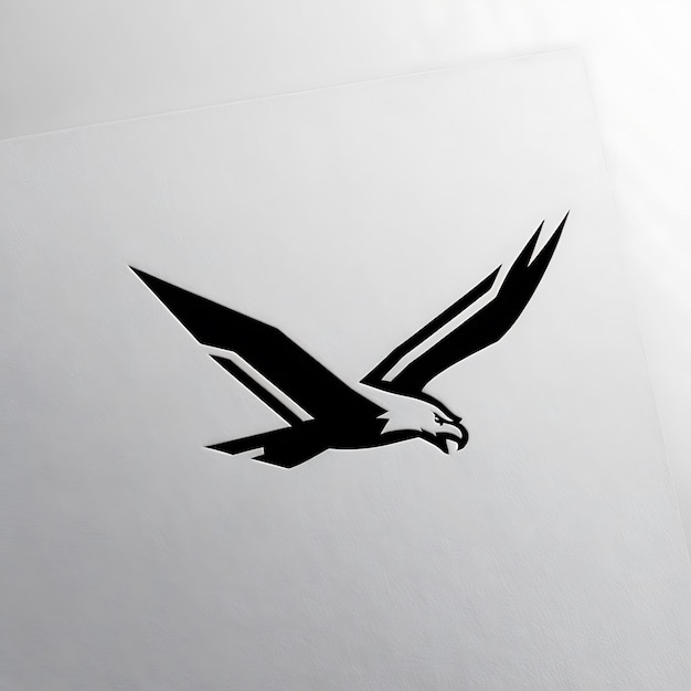 A minimalistic logo of an eagle in flight with sharp lines and a strong silhouette The eagle is