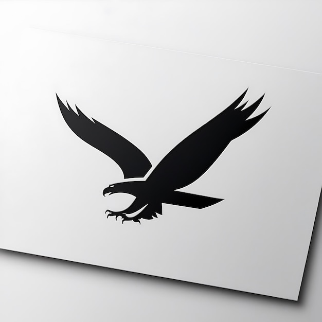 A minimalistic logo of an eagle in flight with sharp lines and a strong silhouette The eagle is