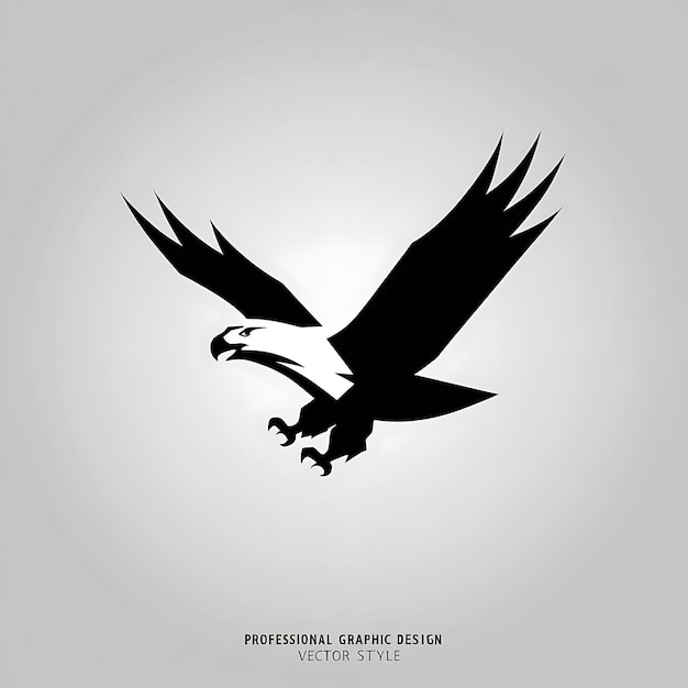 A minimalistic logo of an eagle in flight with sharp lines and a strong silhouette The eagle is