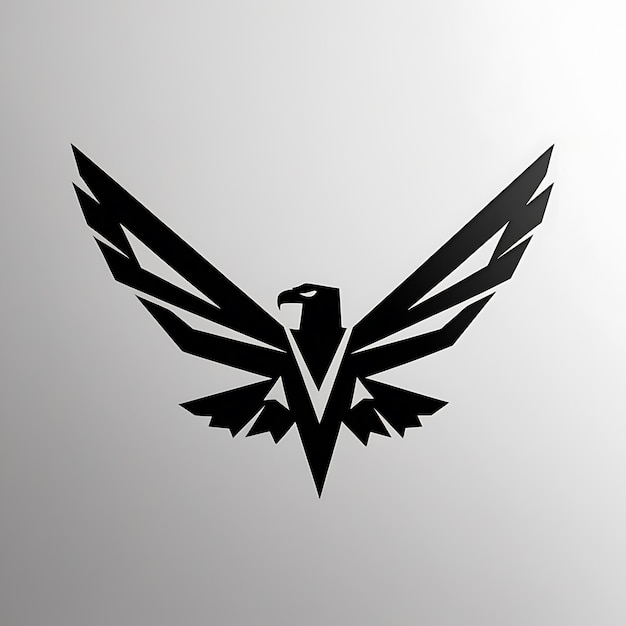 A minimalistic logo of an eagle in flight with sharp lines and a strong silhouette The eagle is