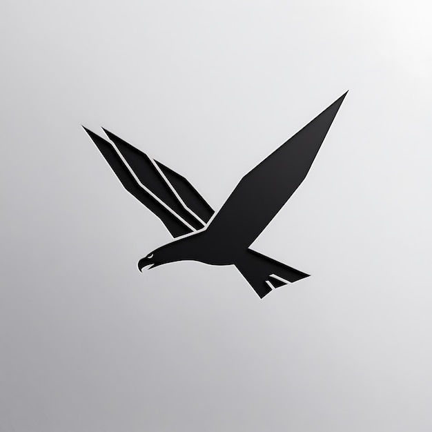 A minimalistic logo of an eagle in flight with sharp lines and a strong silhouette The eagle is