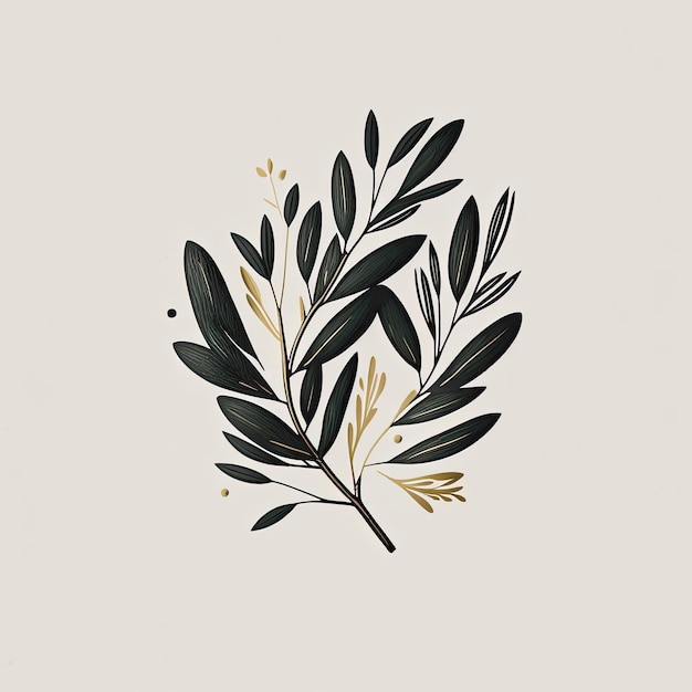 Minimalistic logo illustration of olive branch with dark green and gold leaves