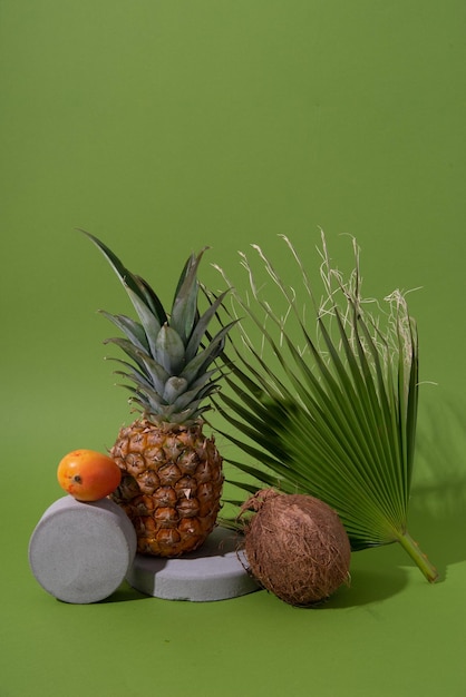 minimalistic mock up with tropical fruits and leaves