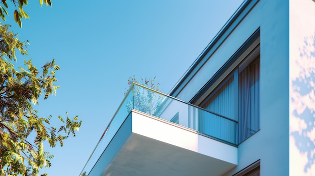 A minimalistic modern balcony with a glass railing bathed in sunlight against a clear blue sky embodies elegant and contemporary architectural design