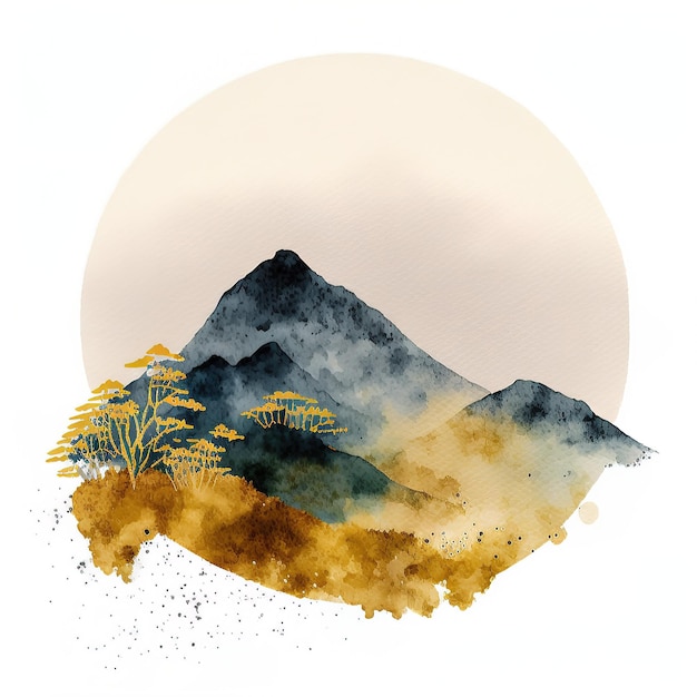 Minimalistic mountain landscape with watercolor gold brush and texture 3d illustration