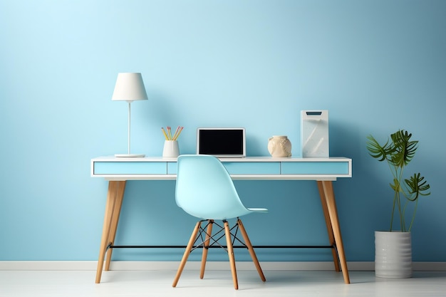 Minimalistic office table in a serene pastel blue monochrome Generative Ai