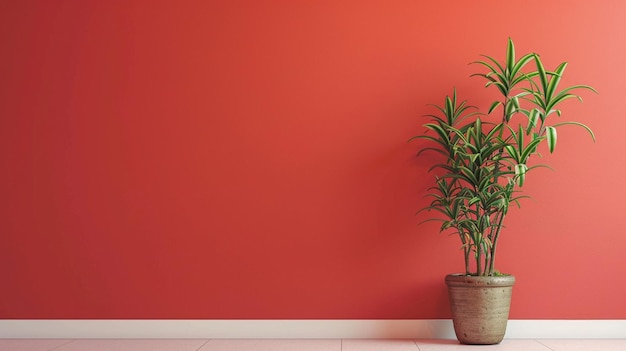 Minimalistic orangey red background with potted plant