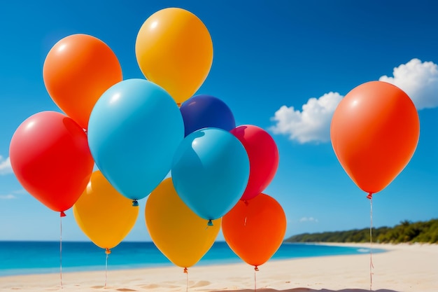 Minimalistic paradise Vibrant balloons adorn a tranquil tropical beach beneath a blue sky AI Generated