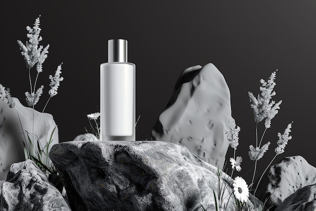 Minimalistic perfume bottle on rocks with flowers perfect for showcasing beauty and luxury in a natural elegant setting