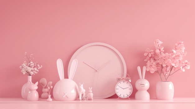 Minimalistic pink alarm clock on a pastel pink background