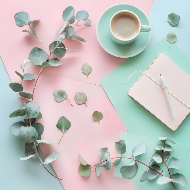 Minimalistic pink background with eucalyptus leaves