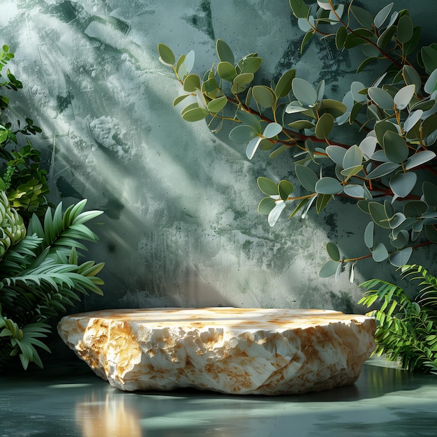 Minimalistic podium is made of golden stone with plants on a pale green background