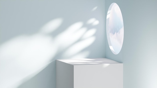 Minimalistic podium in a room with round window and light coming in