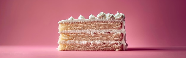 Photo minimalistic poster for international cake day pink background with layered vanilla cake slice perfect for promotion posters and cards