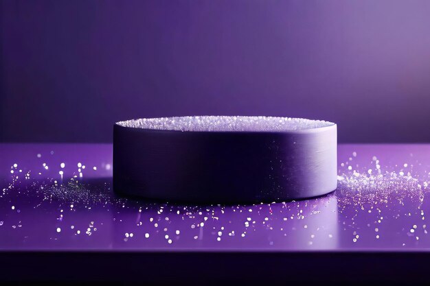 Photo minimalistic purple podium with glittery particles floating around on a reflective surface