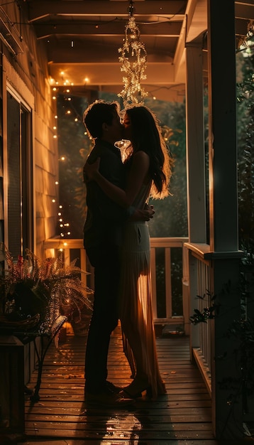 Minimalistic realistic photo of couple kissing while slow dancing on back porch at night