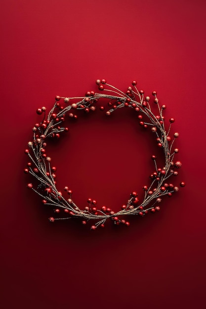 Photo minimalistic red berry christmas wreath on red backdrop