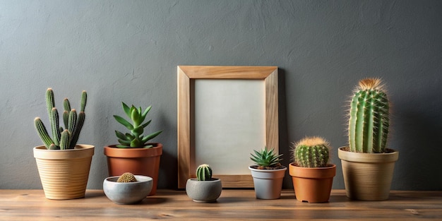 Minimalistic Room Interior with Mock Up Photo Frame and Cacti on Wooden Table