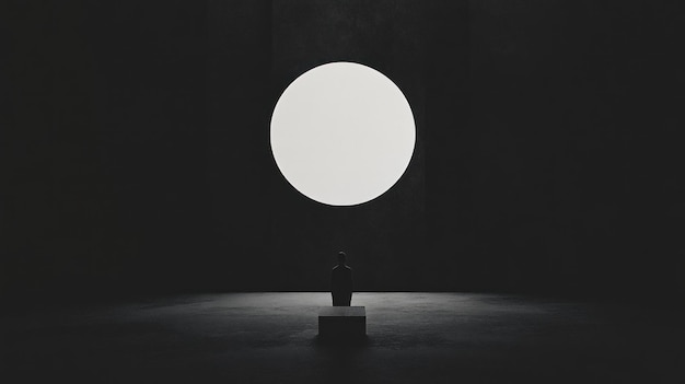 Photo a minimalistic scene featuring a dark space with a large circular light and a solitary object