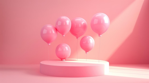 A minimalistic scene featuring a light pink cylindrical podium flanked by clusters of pink balloons of varying sizes