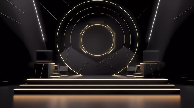 A minimalistic scene of geometric podium technology display with black color