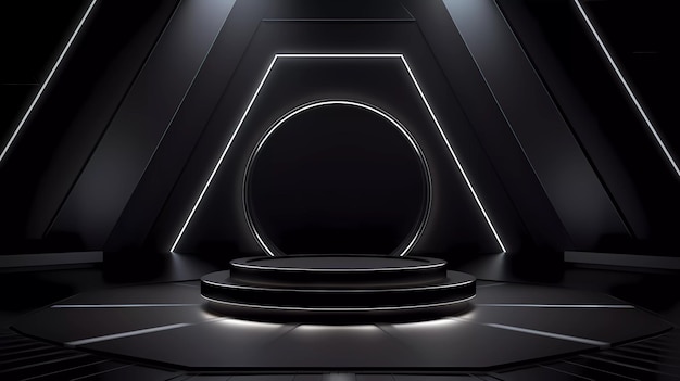 A minimalistic scene of geometric podium technology display with black color