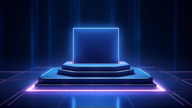 A minimalistic scene of geometric podium technology display with deep blue color background