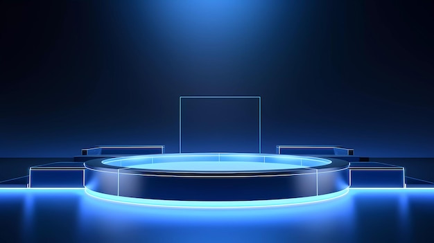 A minimalistic scene of geometric podium technology display with deep blue color