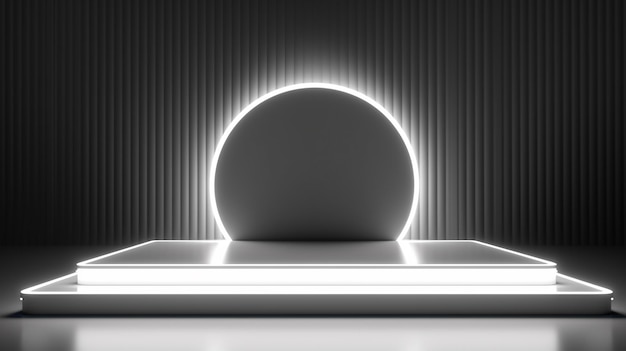 A minimalistic scene of geometric step podium technology display with neon lamp