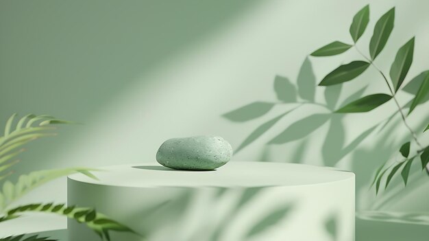 Minimalistic scene of a lying stone on a light green background with foliage Podium Generative AI