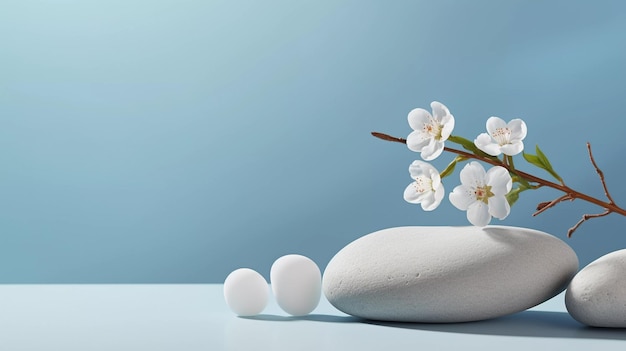 A minimalistic scene of a lying stone with flowers on a light blue background