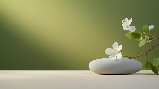 A minimalistic scene of a lying stone with white jasmine flowers on green background Showcase for t