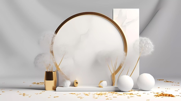 A minimalistic scene of marble white and gold podium display with natural dandelion flower