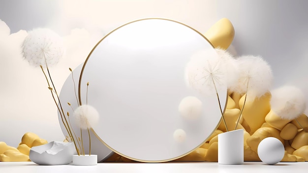 A minimalistic scene of marble white and gold podium display with natural dandelion flower