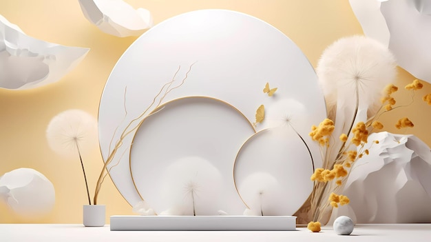 A minimalistic scene of marble white and gold podium display with natural dandelion flower