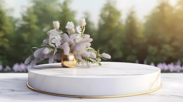 A minimalistic scene of marble white and gold podium display with natural lavender flower