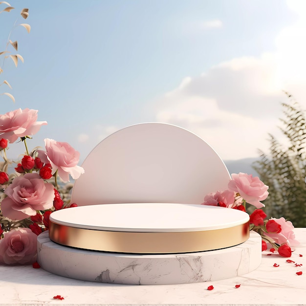 A minimalistic scene of marble white and gold podium display with natural red and pink rose flower