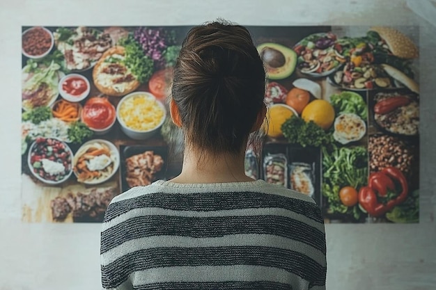 Minimalistic scene person contemplating healthy and unhealthy food choices on white background