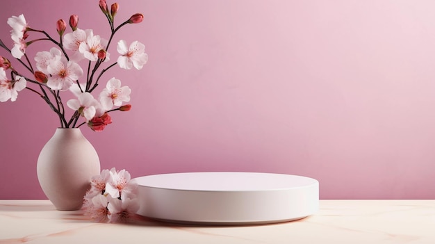 A minimalistic scene of white podium with pink flowers on a light pink background