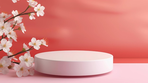 A minimalistic scene of white podium with pink flowers on a light pink background