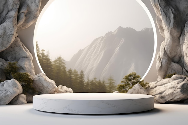 Minimalistic scene with round marble podium and mountains in the background