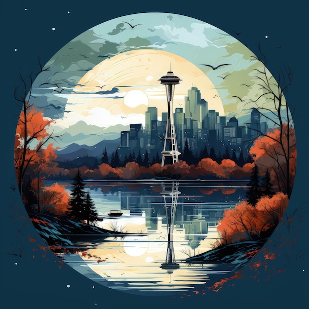 Photo minimalistic seattle skyline illustration with iconic landmarks