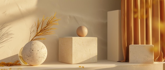 Minimalistic setting with geometrical forms in ocher hues including terrazzo spheres and boxes