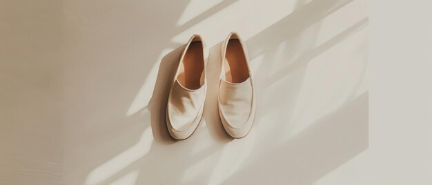 Photo a minimalistic shot of beige loafers bathed in soft sunlight casting long shadows on an offwhite background exuding elegance and simplicity